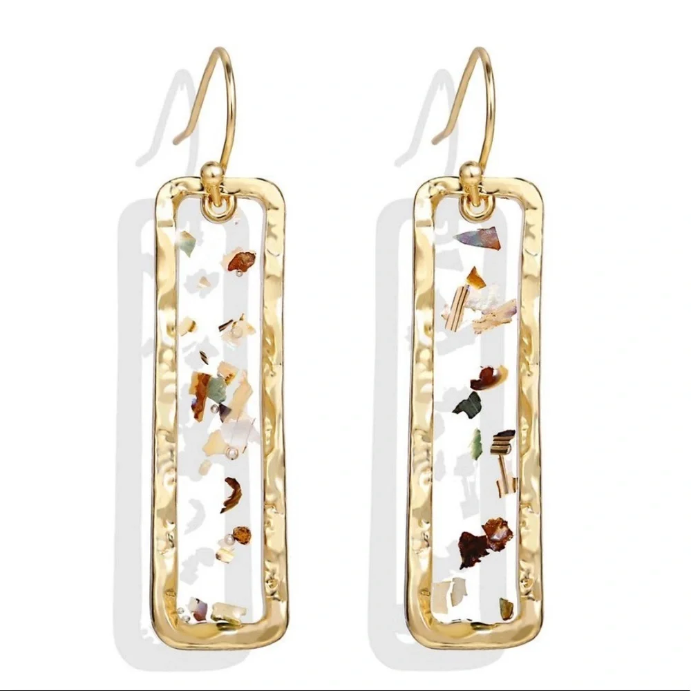Gold Rectangle Glitter Speckle Clear Drop Earrings